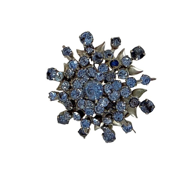 Vintage Mid Century Blue Rhinestone Starburst Brooch Pin Silvertone 1.75" - Picture 2 of 6